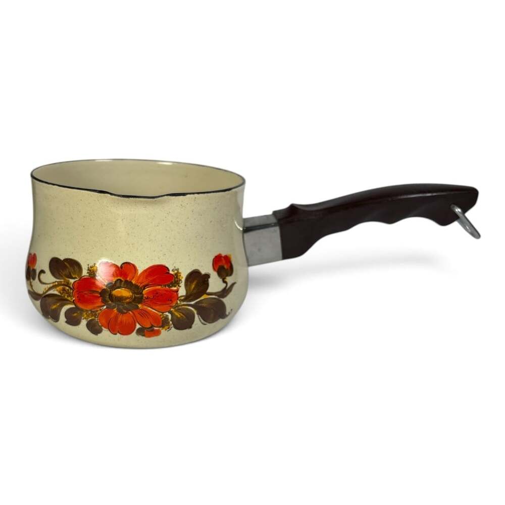 Vintage Moneta #12 Enamelware 1 Quart Sauce Pan Pot Italy Floral Poppies 1970's